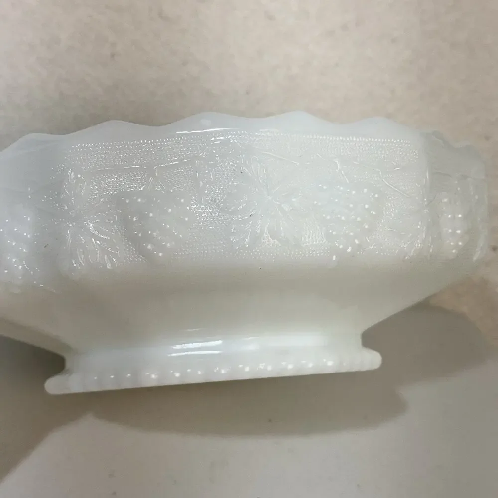 Anchor Hocking Fire King White Milk Glass Harvest Grapevine Footed Fruit Bowl